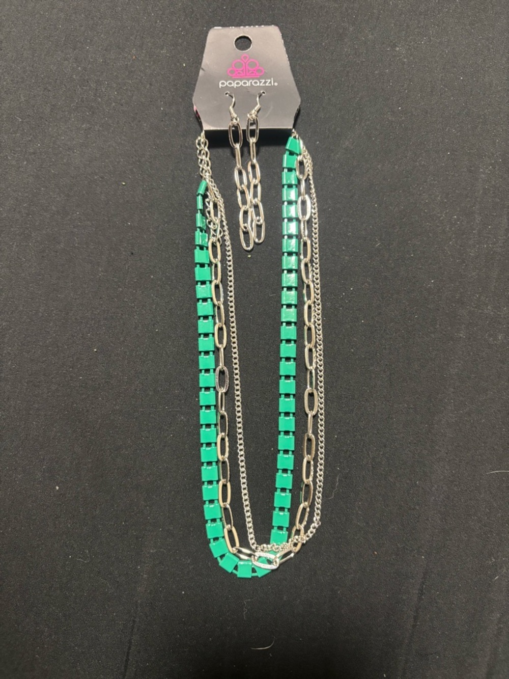 paparazzi Emerald & Silver Layered Chain Necklace and earrings